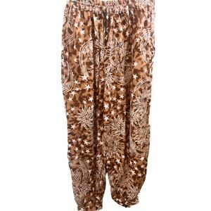 Boho women’s harem pants brown celestial whimsygoth print rayon bohemian